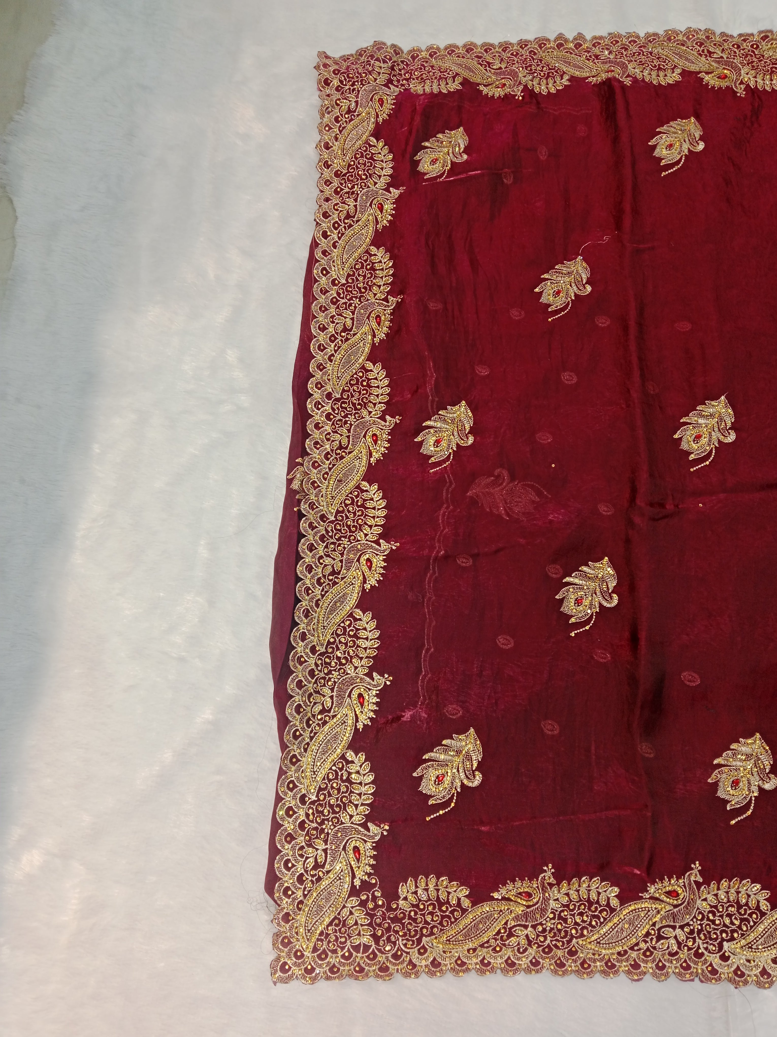WINE GEORGETTE SAREE WITH GOLD ZARI+ RESHAM PAISLEY BORDER