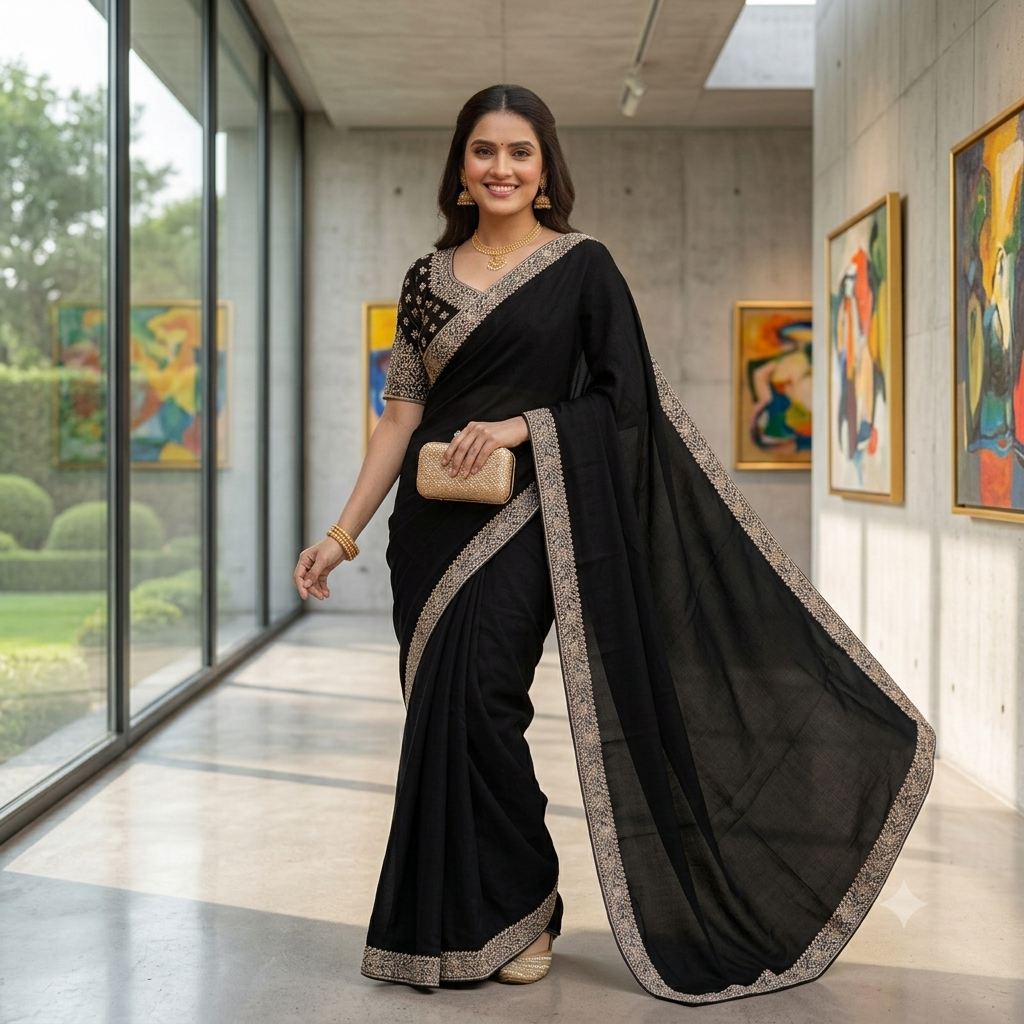 BLACK SAREE WITH HEAVY SILVER ZARI BORDER+EMBROIDERED BLOUSE