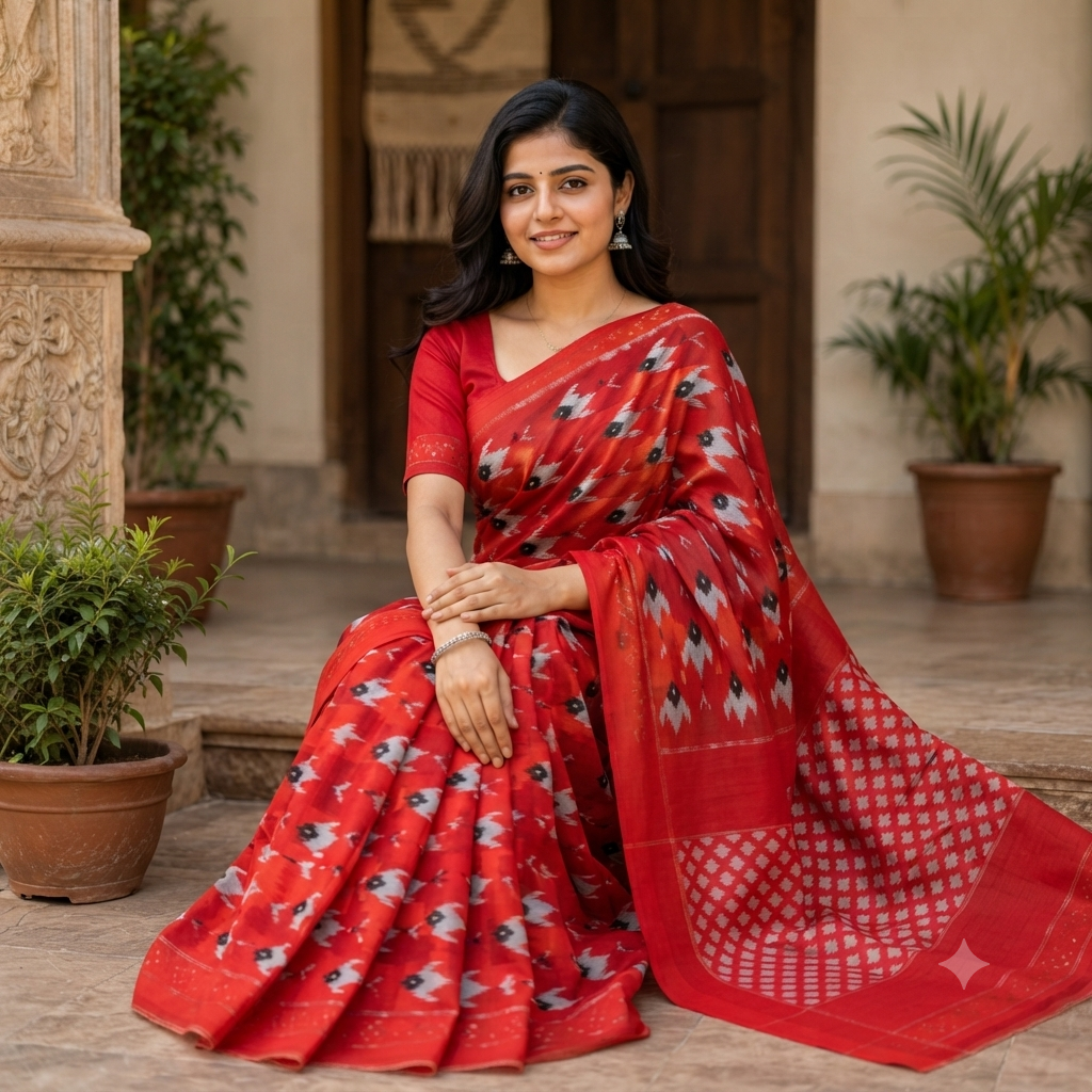 RED POCHAMPALLY SAMBALPURI HANDLOOM COTTON SAREE