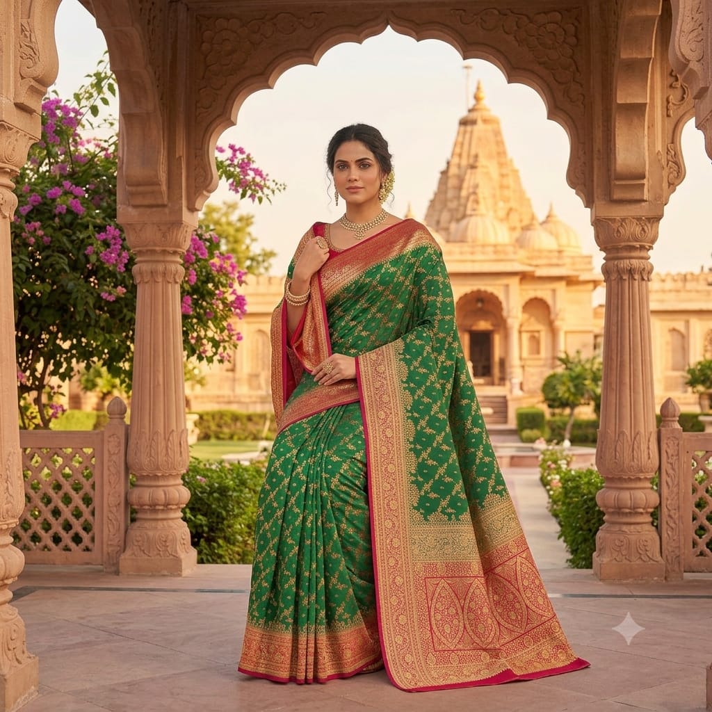 EMERALD GREEN BANARASI SILK SAREE WITH RANI PINK CONTRAST