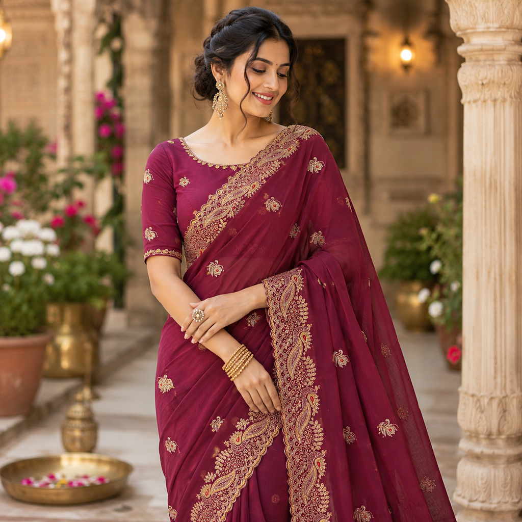 WINE GEORGETTE SAREE WITH GOLD ZARI+ RESHAM PAISLEY BORDER