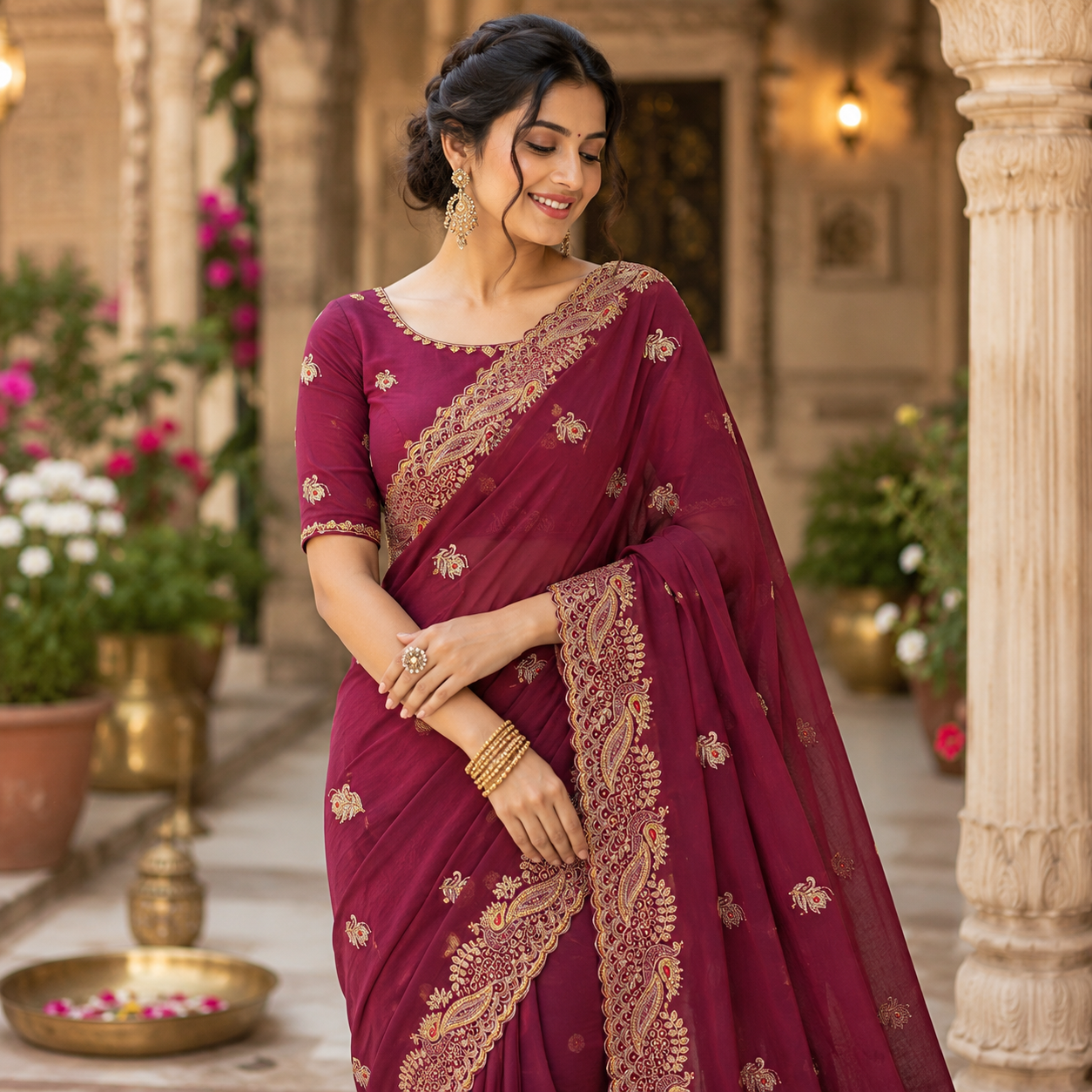 WINE GEORGETTE SAREE WITH GOLD ZARI+ RESHAM PAISLEY BORDER