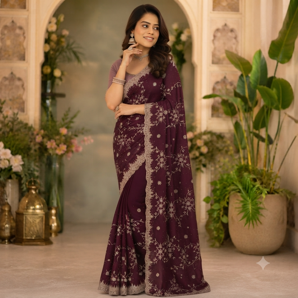 PLUM GEORGETTE SAREE WITH SILVER ZARI