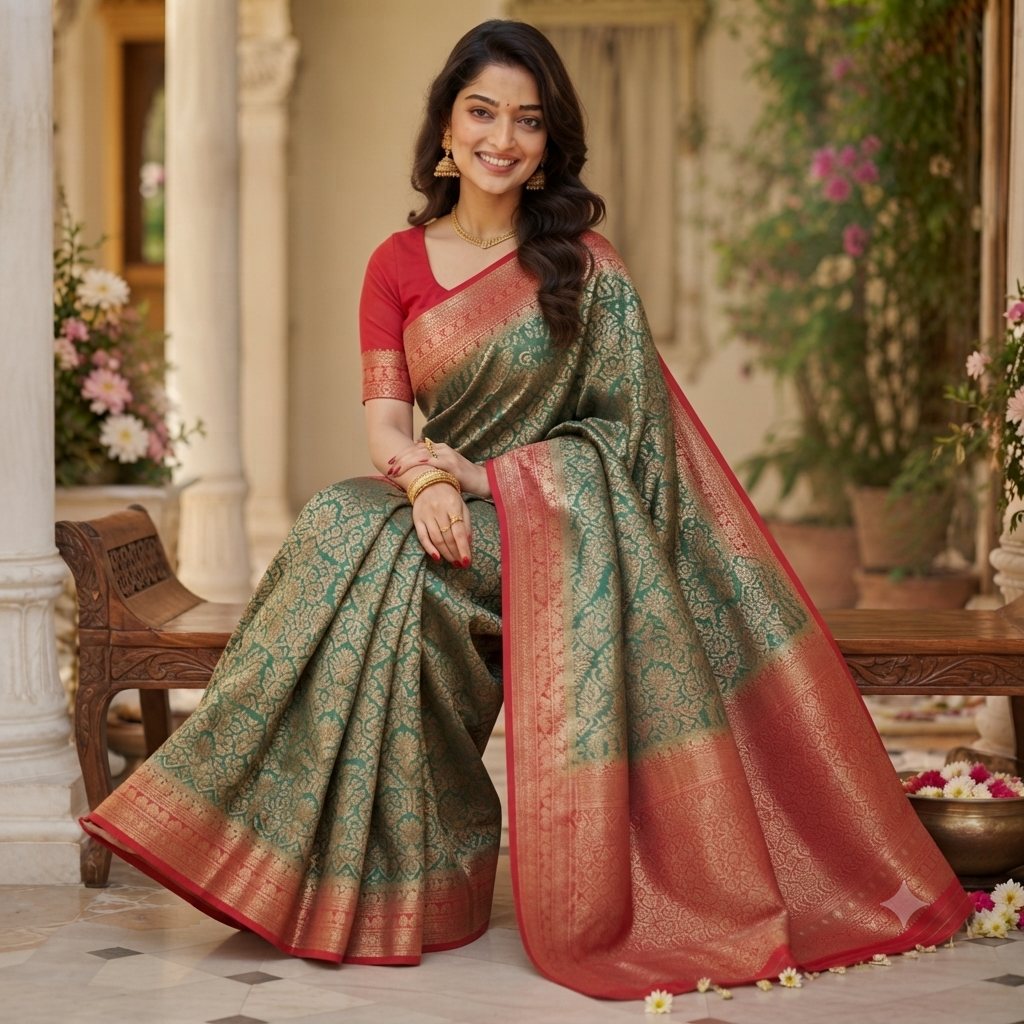 EMERALD GREEN RED BANARASI SILK SAREE