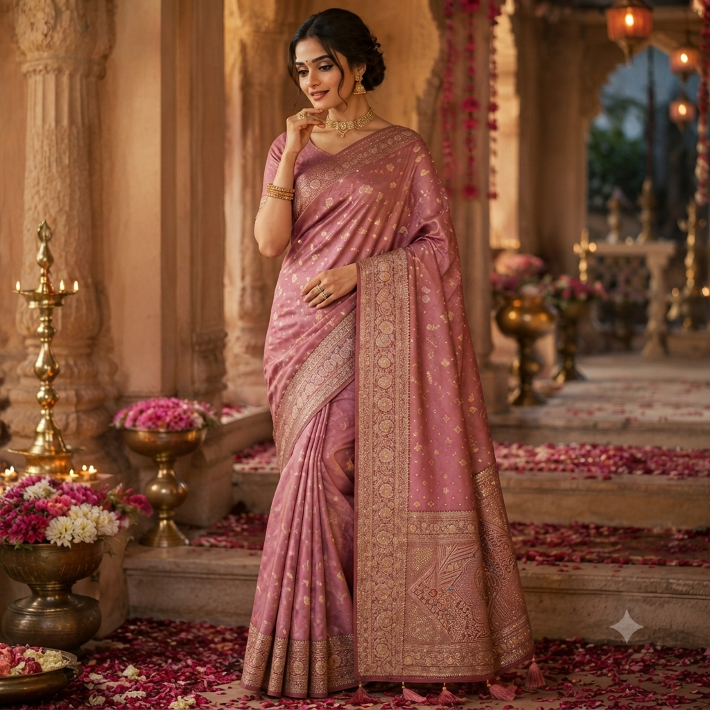 DUSTY ROSE GOLD BANARASI SILK SAREE