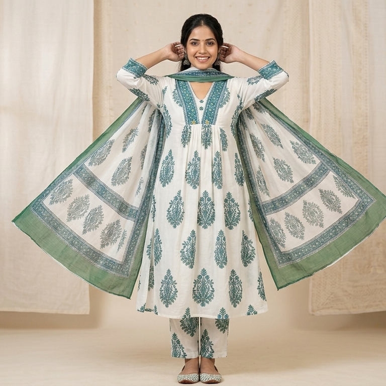 WHITE AND TEAL GREEN KURTI SET
