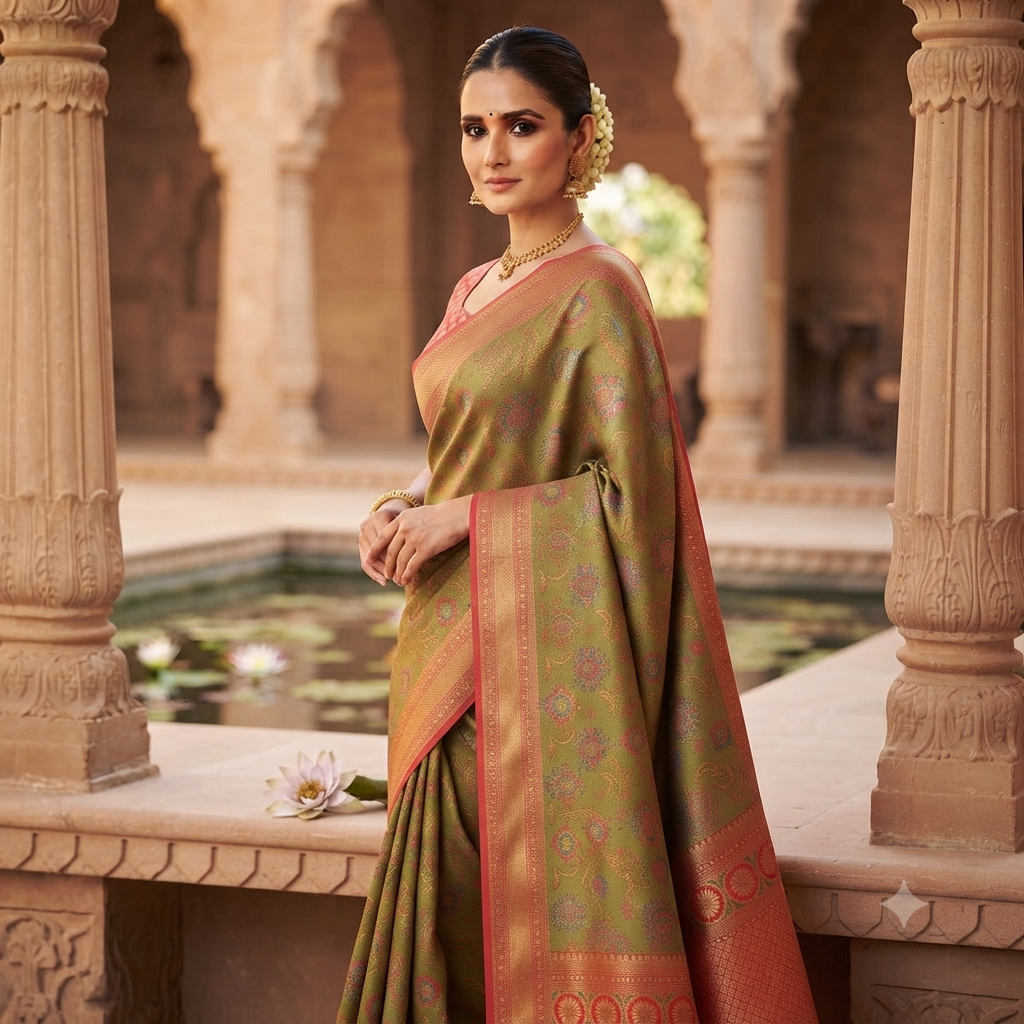 MEHNDI  GREEN BANARASI SILK SAREE
