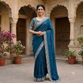 TEAL BLUE RAW SILK SAREE WITH BROAD SILVER PAISLEY BORDER