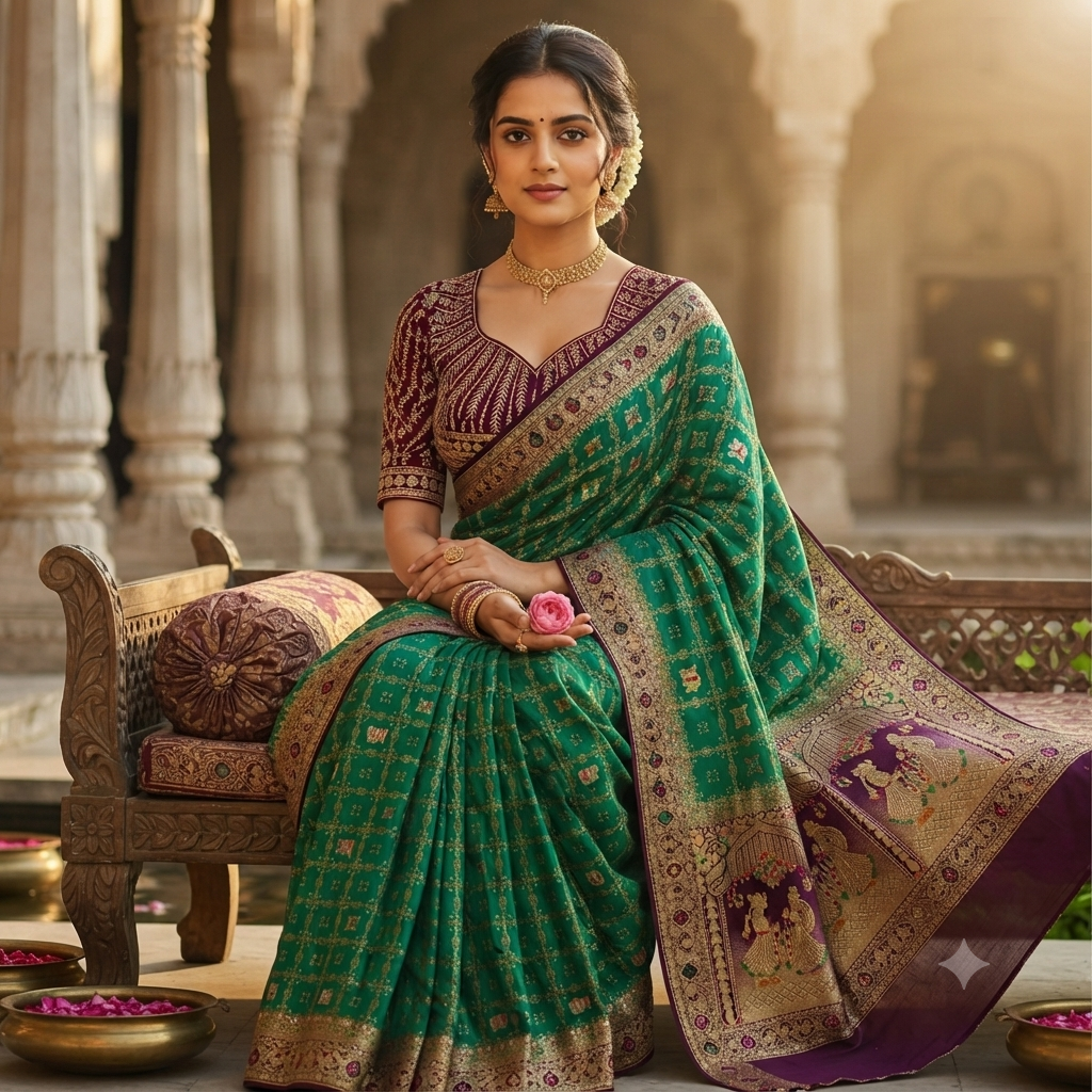 EMERALD GREEN PURPLE BANARASI SILK SAREE