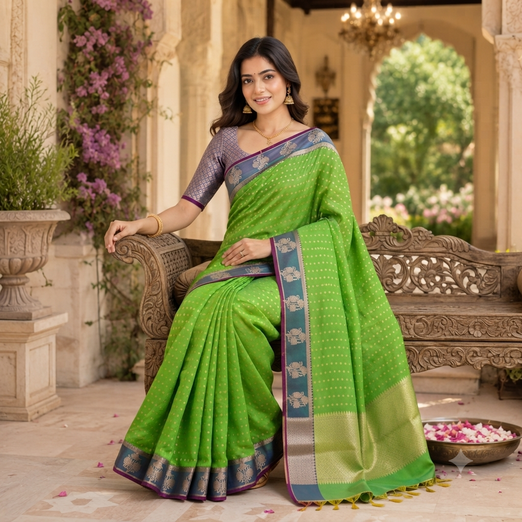 PARROT GREEN KANCHIPURAM SILK SAREE WITH PEACOCK BLUE CONTRAST BORDER