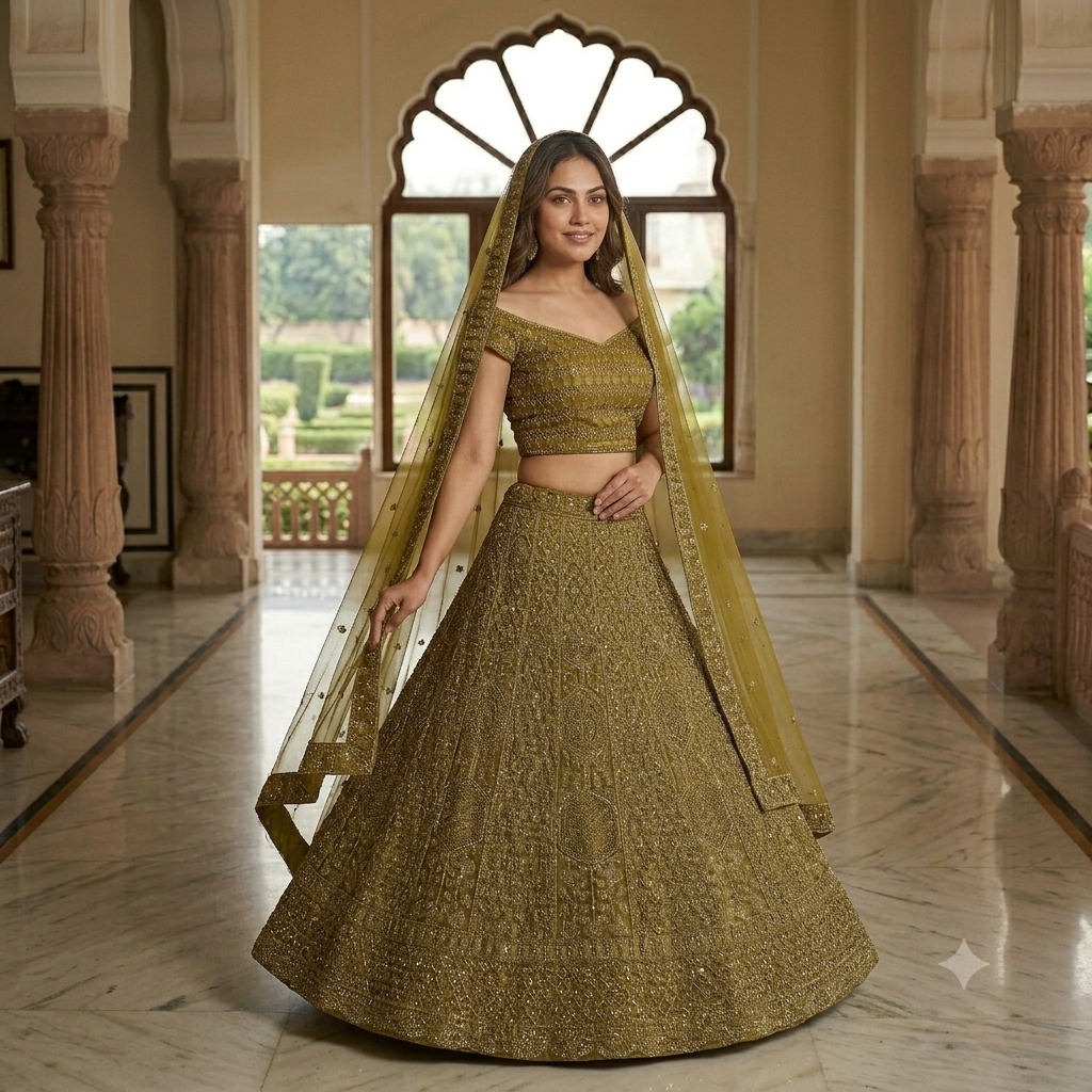 OLIVE GREEN LEHENGA WITH ALL- OVER GOLD ZARI WORK