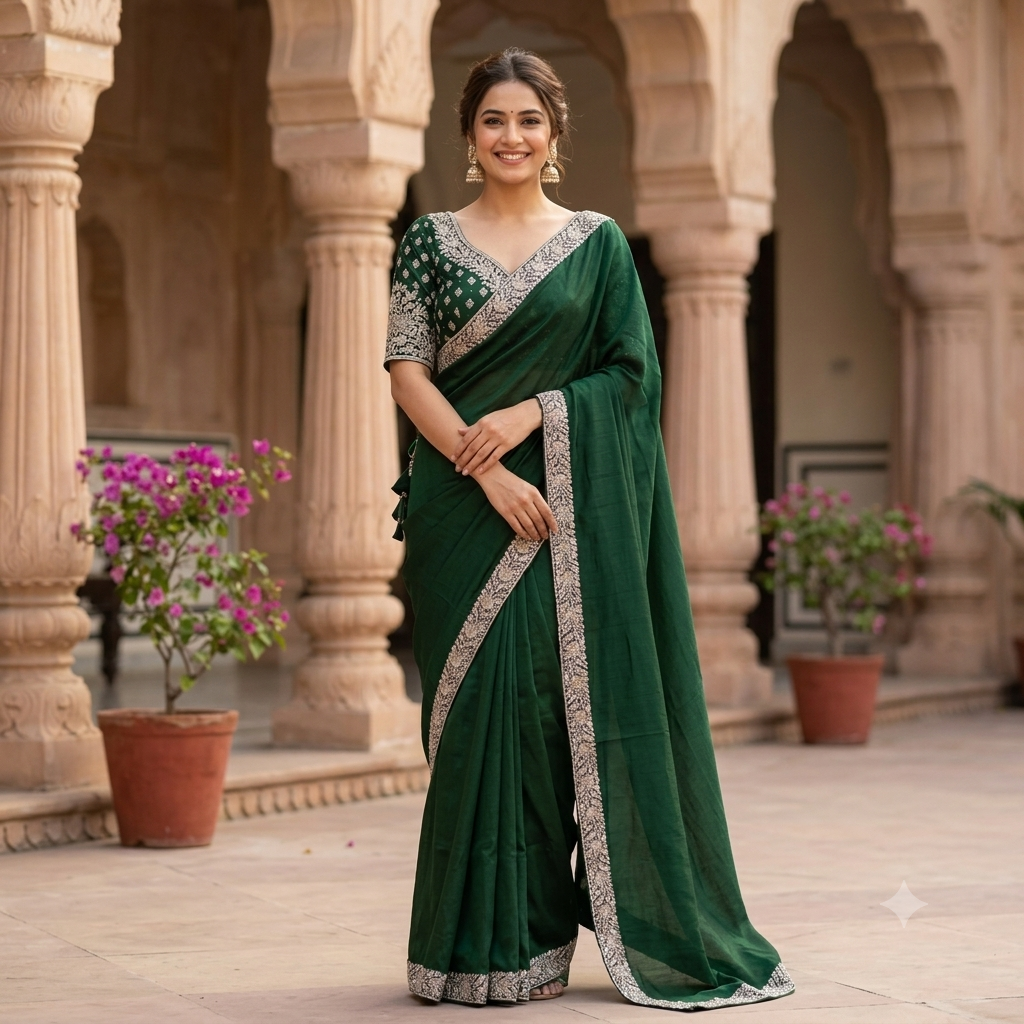 EMERALD GREEN SILK SAREE WITH HEAVY GOLD ZARI BORDER