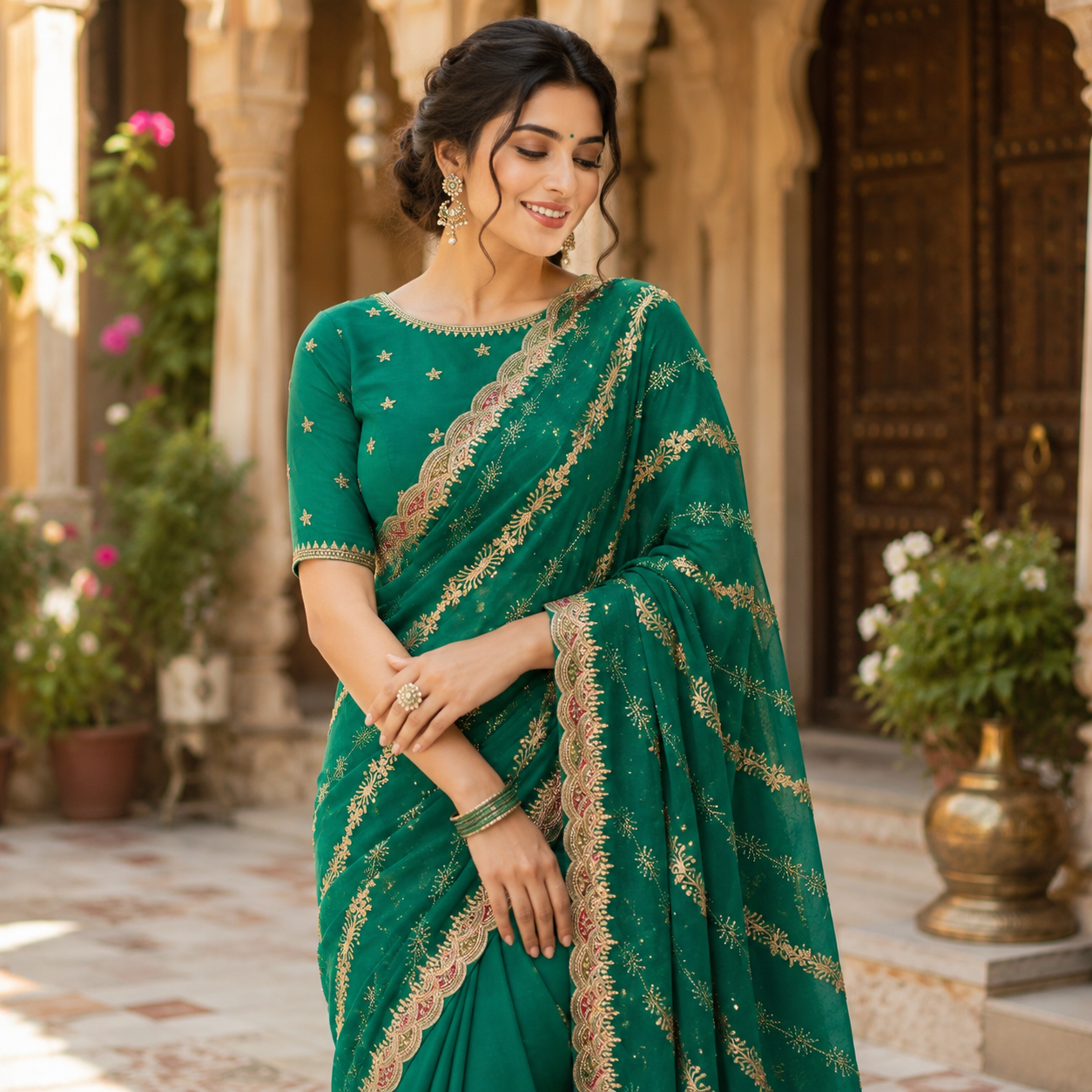 BOTTLE GREEN GEORGETTE SAREE