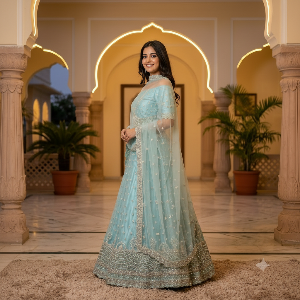 ICE BLUE LEHENGA WITH SILVER ZARDOZI WORK
