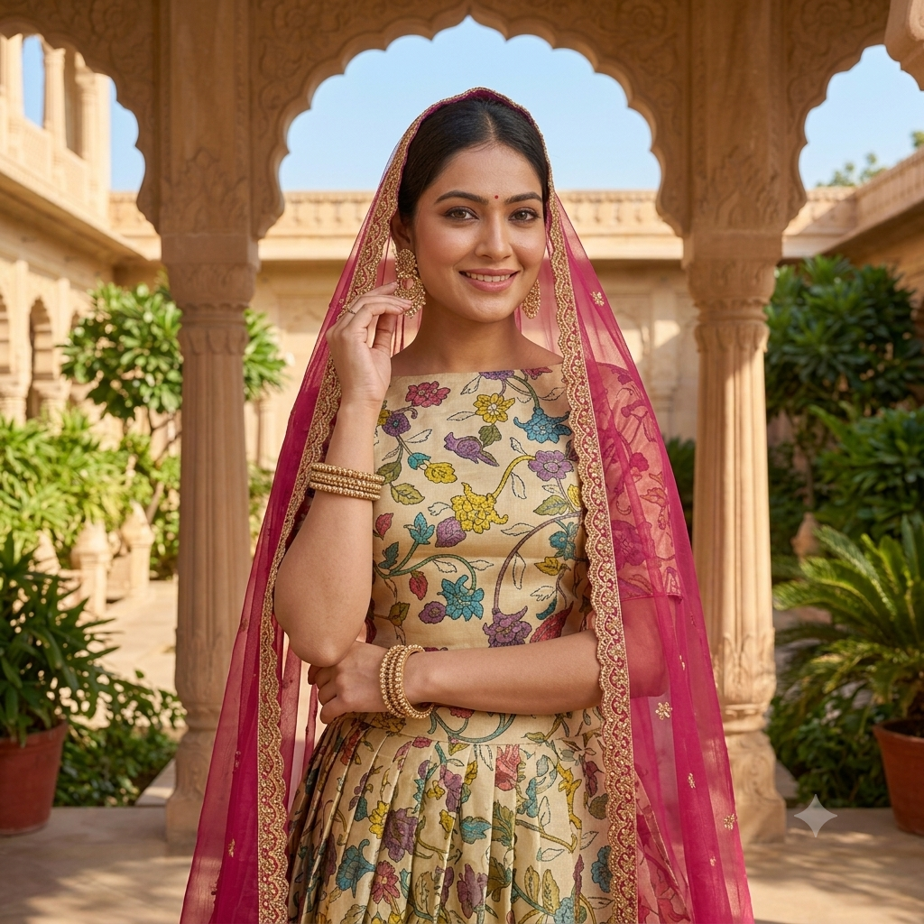 CREAM BASE LEHENGA WITH MULTICOLOUR FLORAL JAAL+ THAT BROAD RED- ORANGE ZARI BORDER