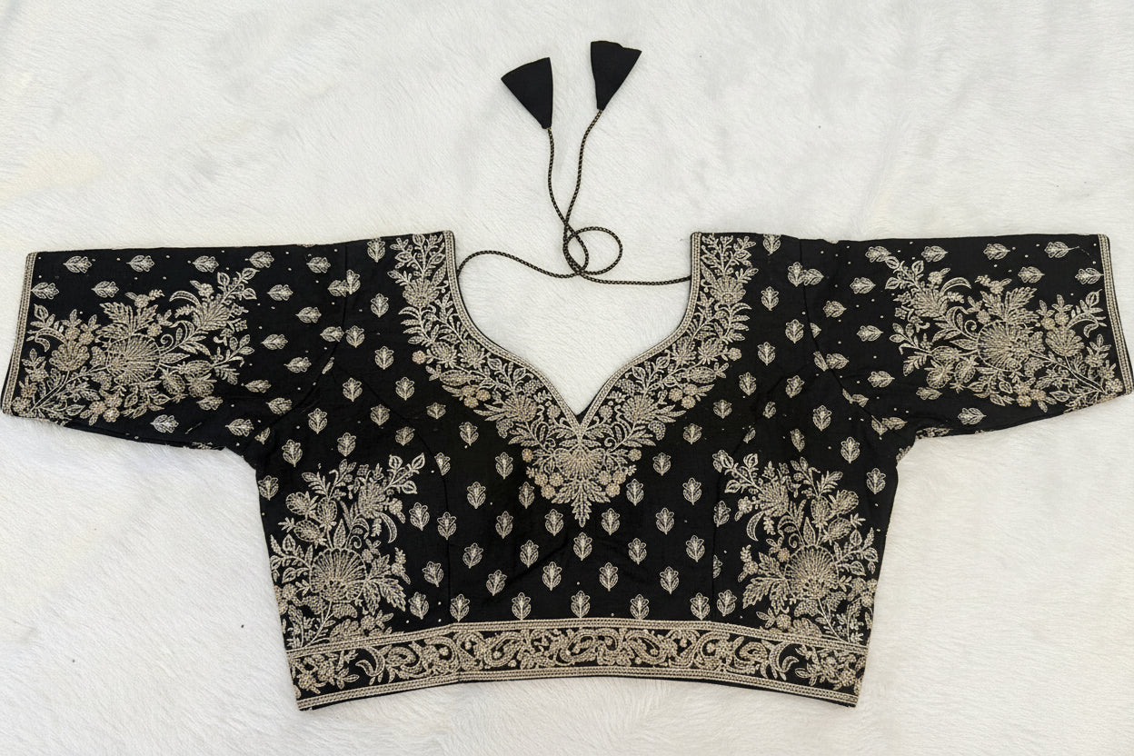 BLACK SAREE WITH HEAVY SILVER ZARI BORDER+EMBROIDERED BLOUSE