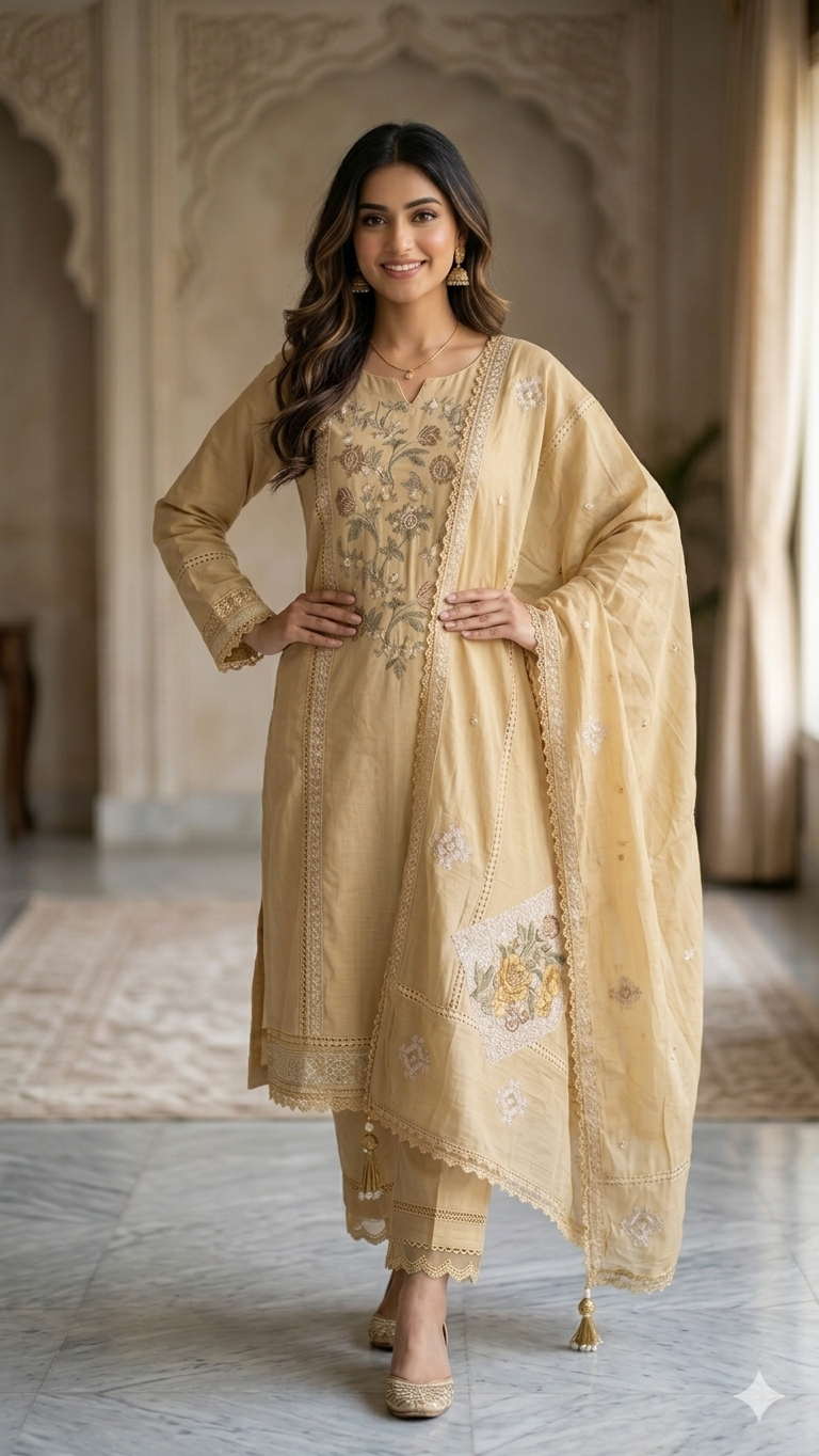 CREAM GOLD EMBROIDERED DRESS MATERIAL
