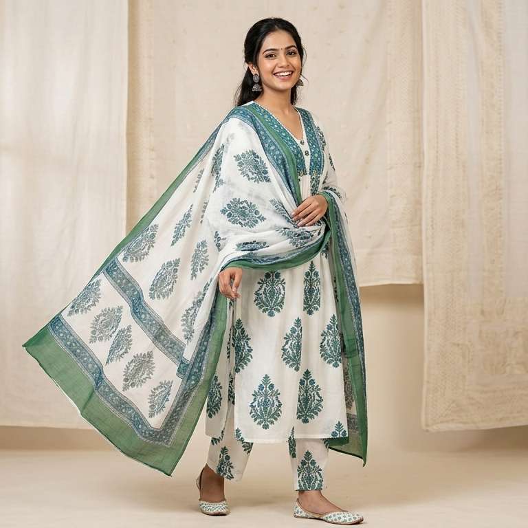 WHITE AND TEAL GREEN KURTI SET