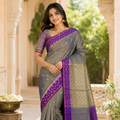 STEEL GREY BANARASI TISSUE SILK SAREE WITH ROYAL PURPLE BORDER