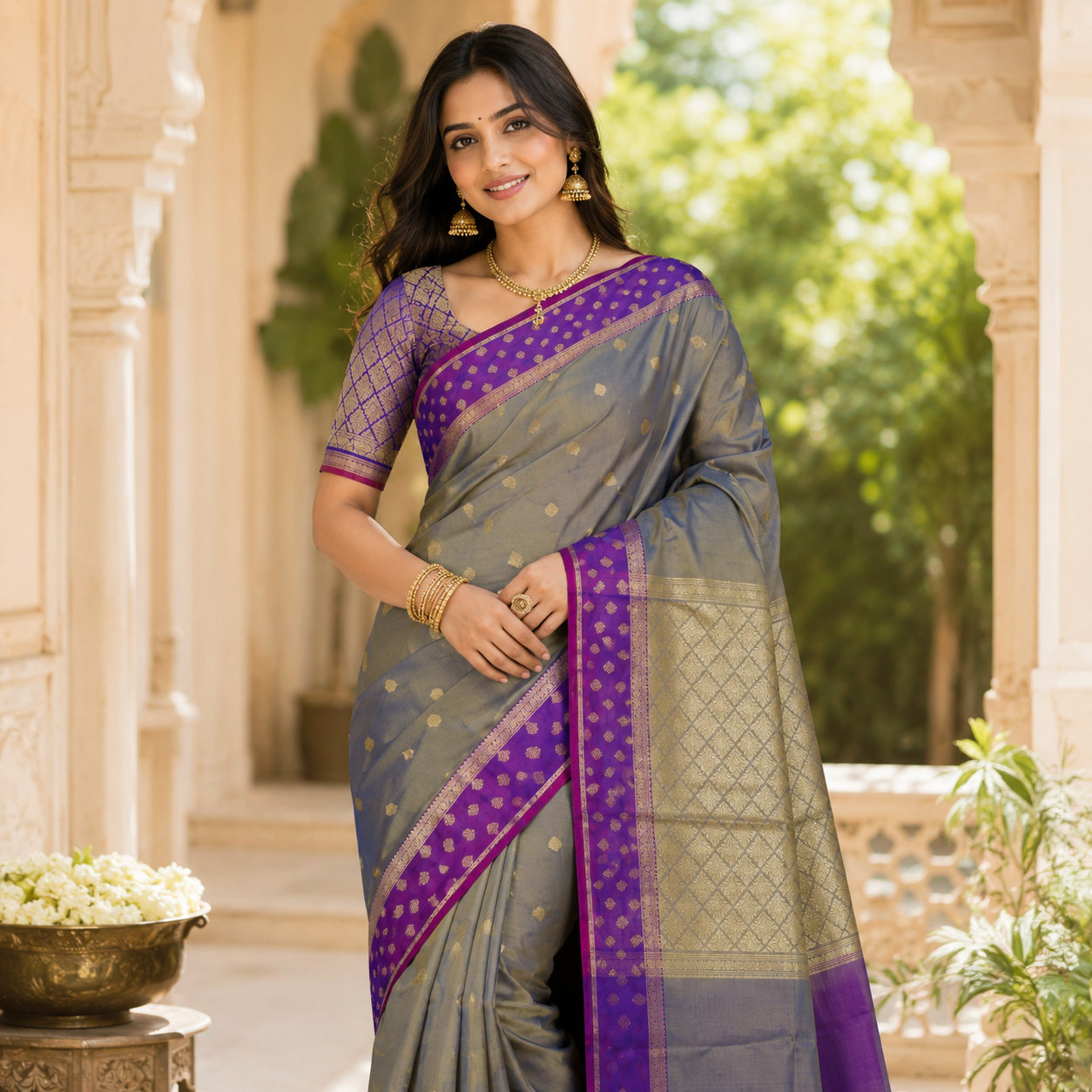 STEEL GREY BANARASI TISSUE SILK SAREE WITH ROYAL PURPLE BORDER