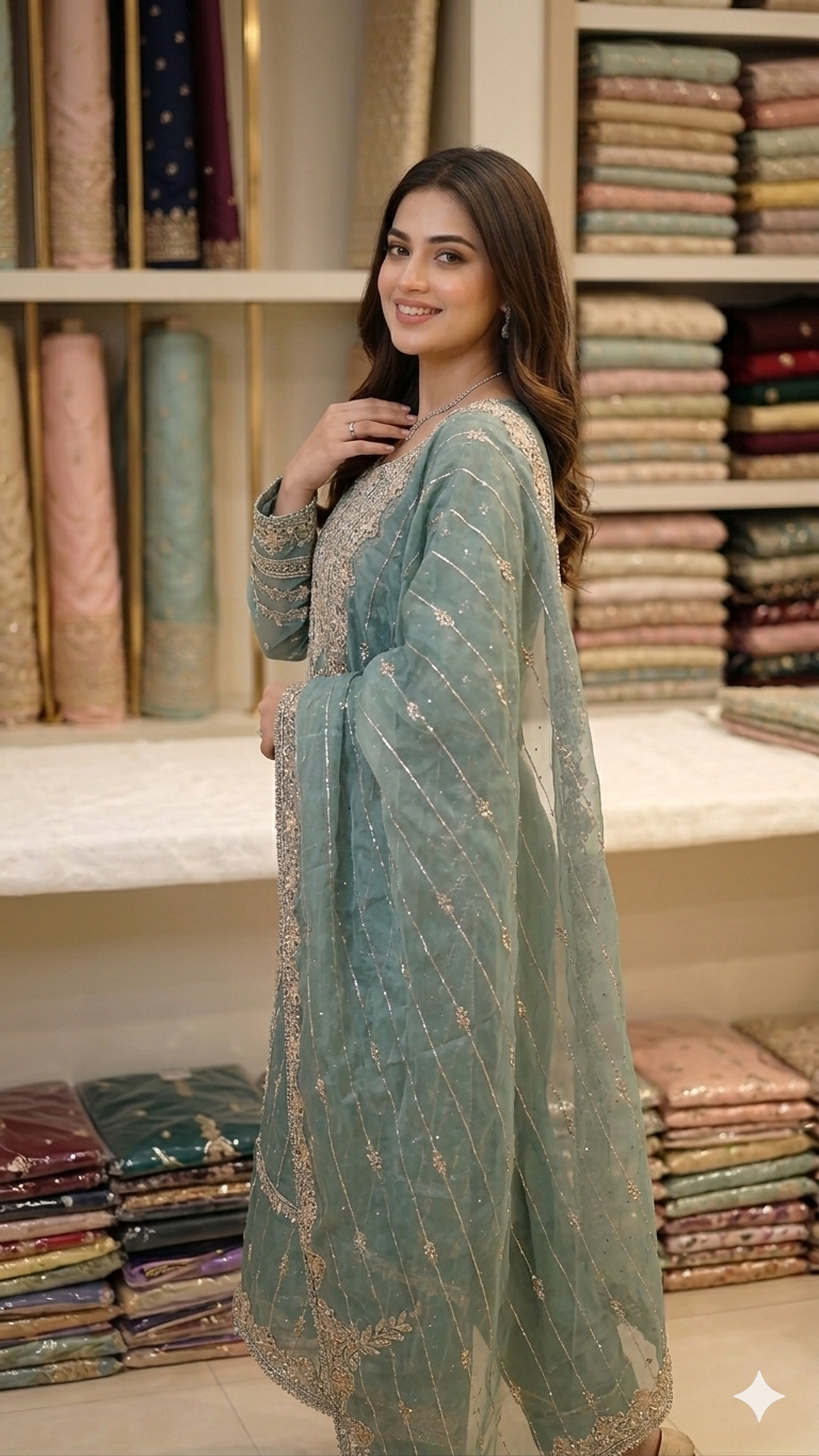 SEA GREEN EMBROIDERED DRESS MATERIAL