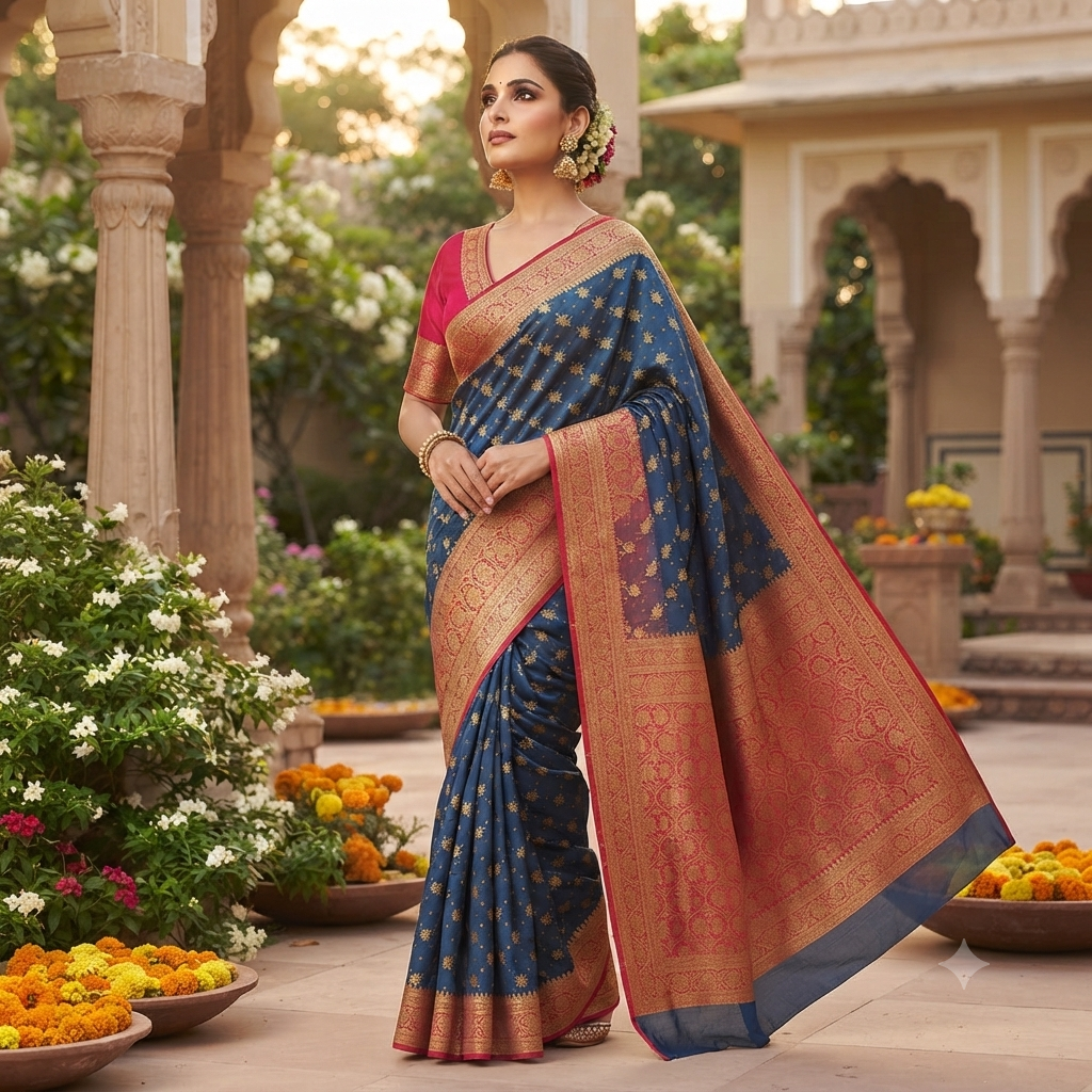 PEACOCK  BLUE RANI PINK BANARASI SILK SAREE