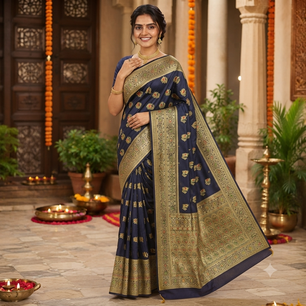 MIDNIGHT BLUE BANARASI SILK SAREES
