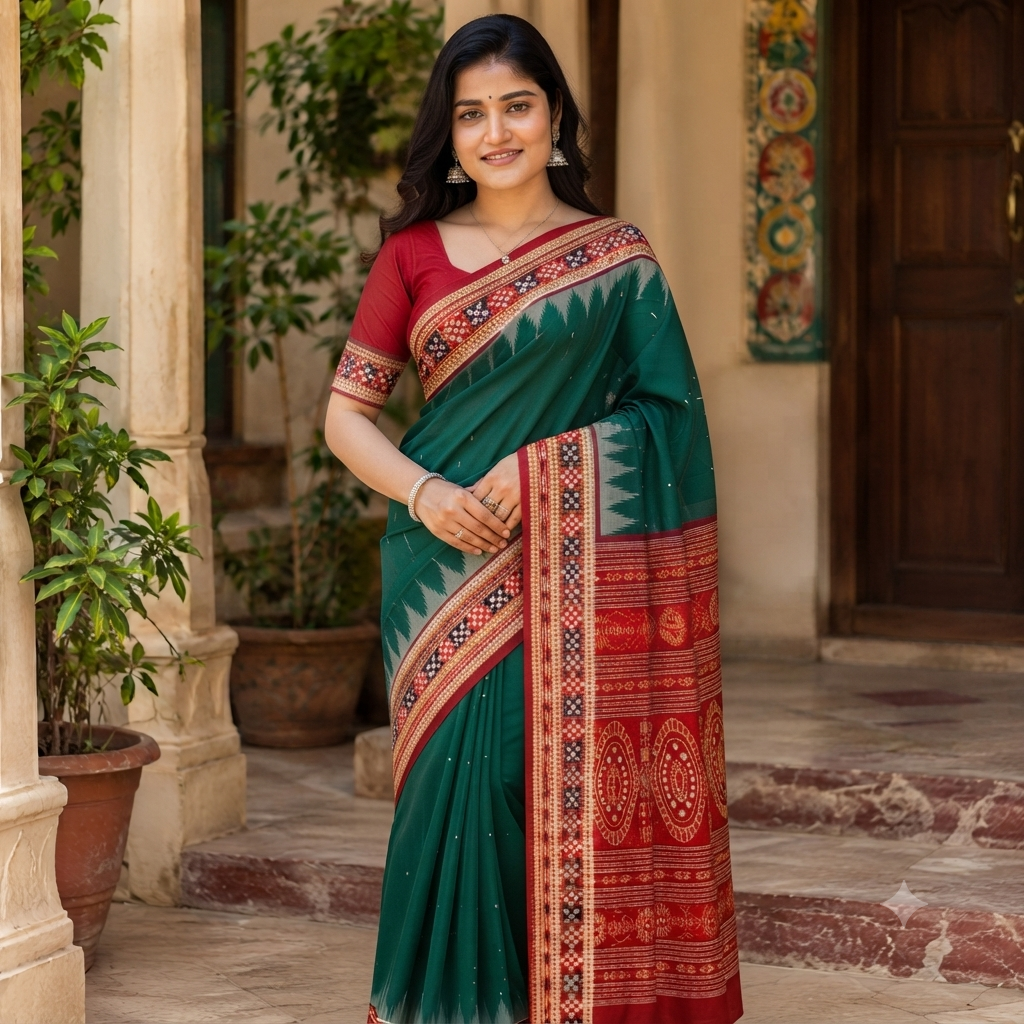 BOTTLE GREEN SAMBALPURI HANDLOOM COTTON SAREE