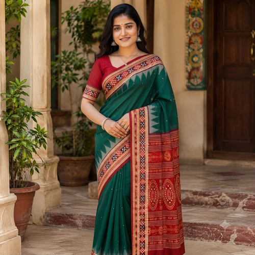 BOTTLE GREEN SAMBALPURI HANDLOOM COTTON SAREE