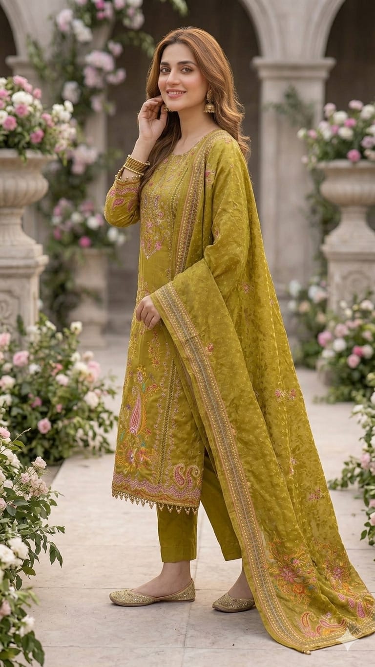 OLIVE GREEN CREPE KURTI SET