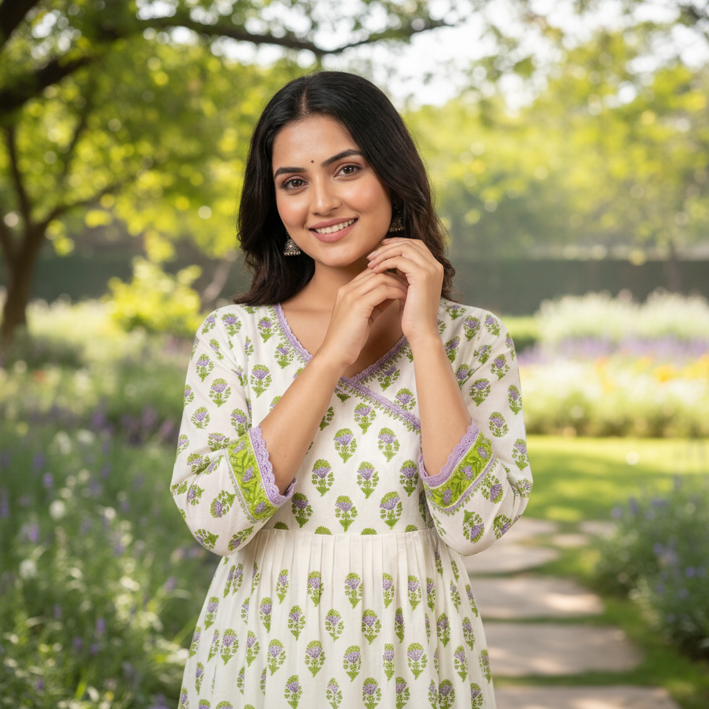 WHITE PASTEL GREEN PURE MAL COTTON KURTI SET