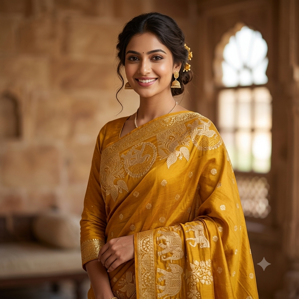 MUSTARD YELLOW BANARASI SILK SAREE WITH ELEPHANT+ PEACOCK GOLD ZARI MOTIFS