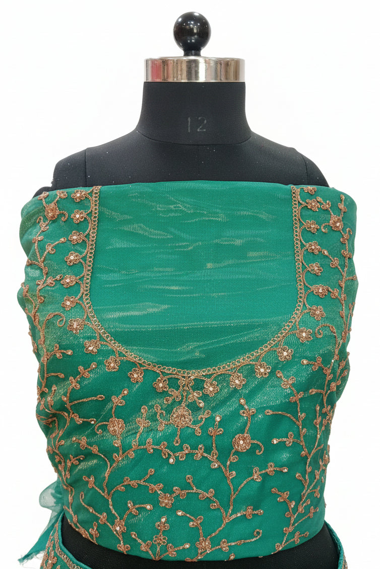 EMERALD GREEN LEHENGA WITH GOLD ZARI+THE SHEER DUPPATA