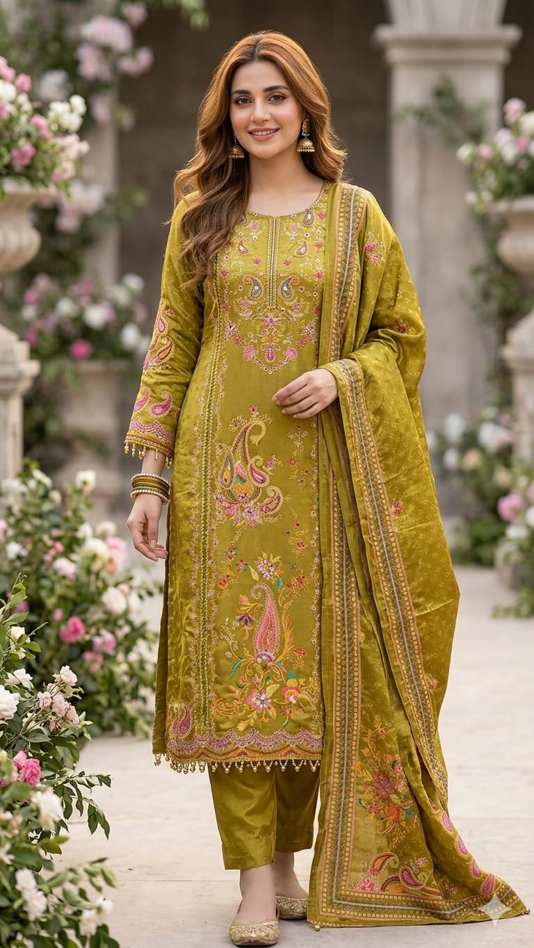 OLIVE GREEN CREPE KURTI SET