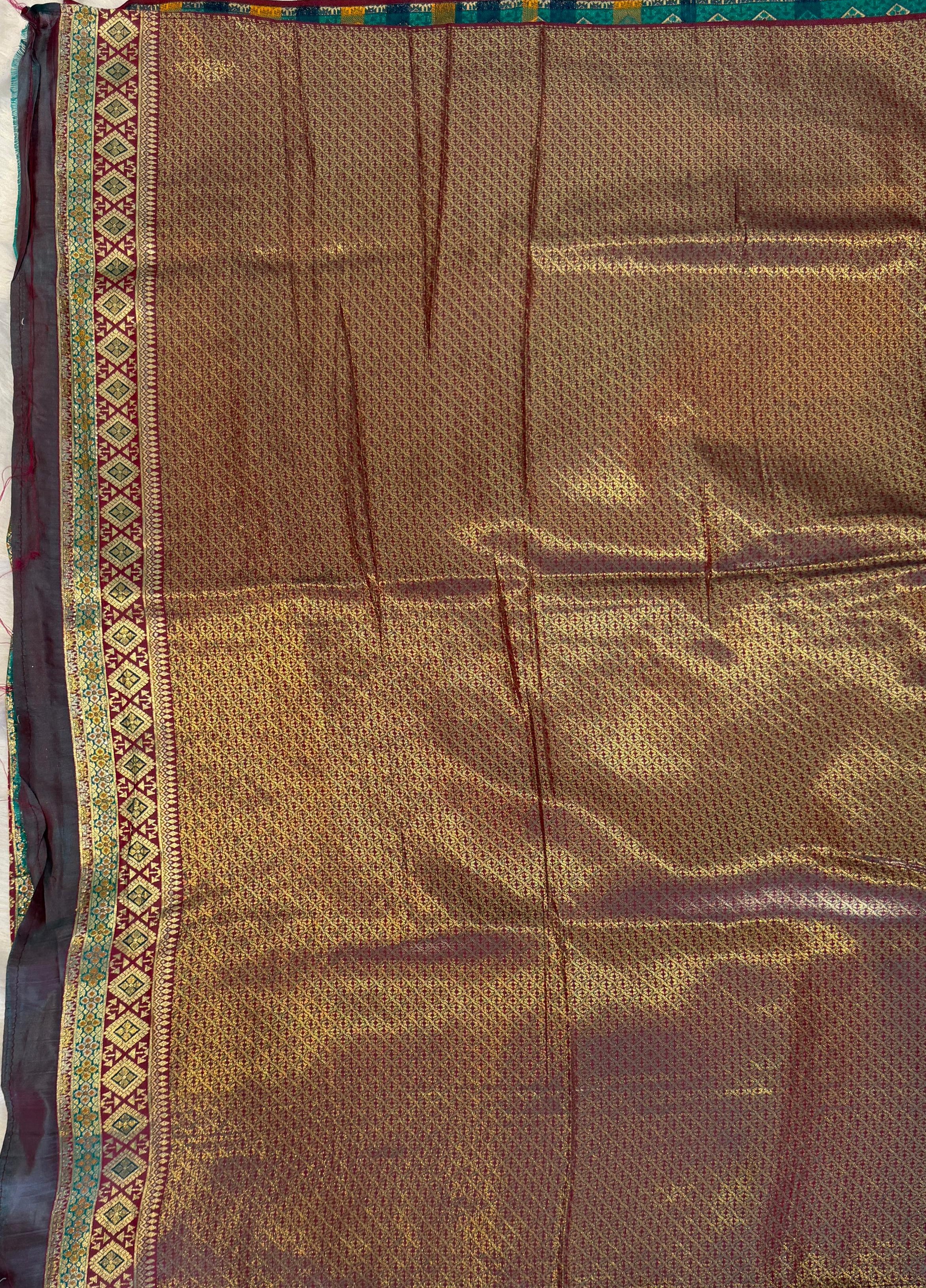 LIGHT OLIVE GREEN BANARASI SILK SAREE WITH MULTICOLOUR MEENAKARI BORDER