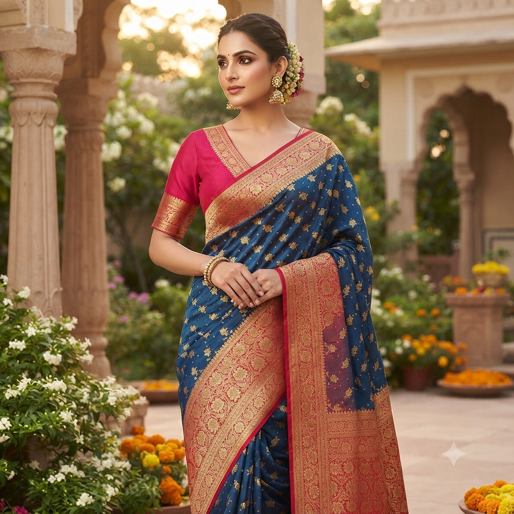 PEACOCK  BLUE RANI PINK BANARASI SILK SAREE