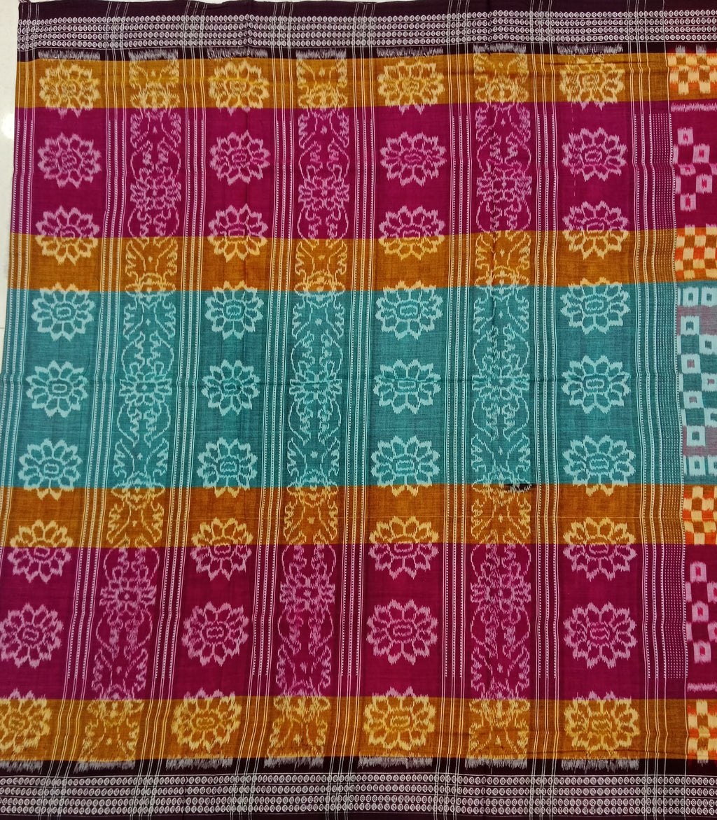 MAGENTA, MUSTARD YELLOW AND TURQUOISE BANDHANI PRINT SAMBALPURI HANDLOOM COTTON SAREE