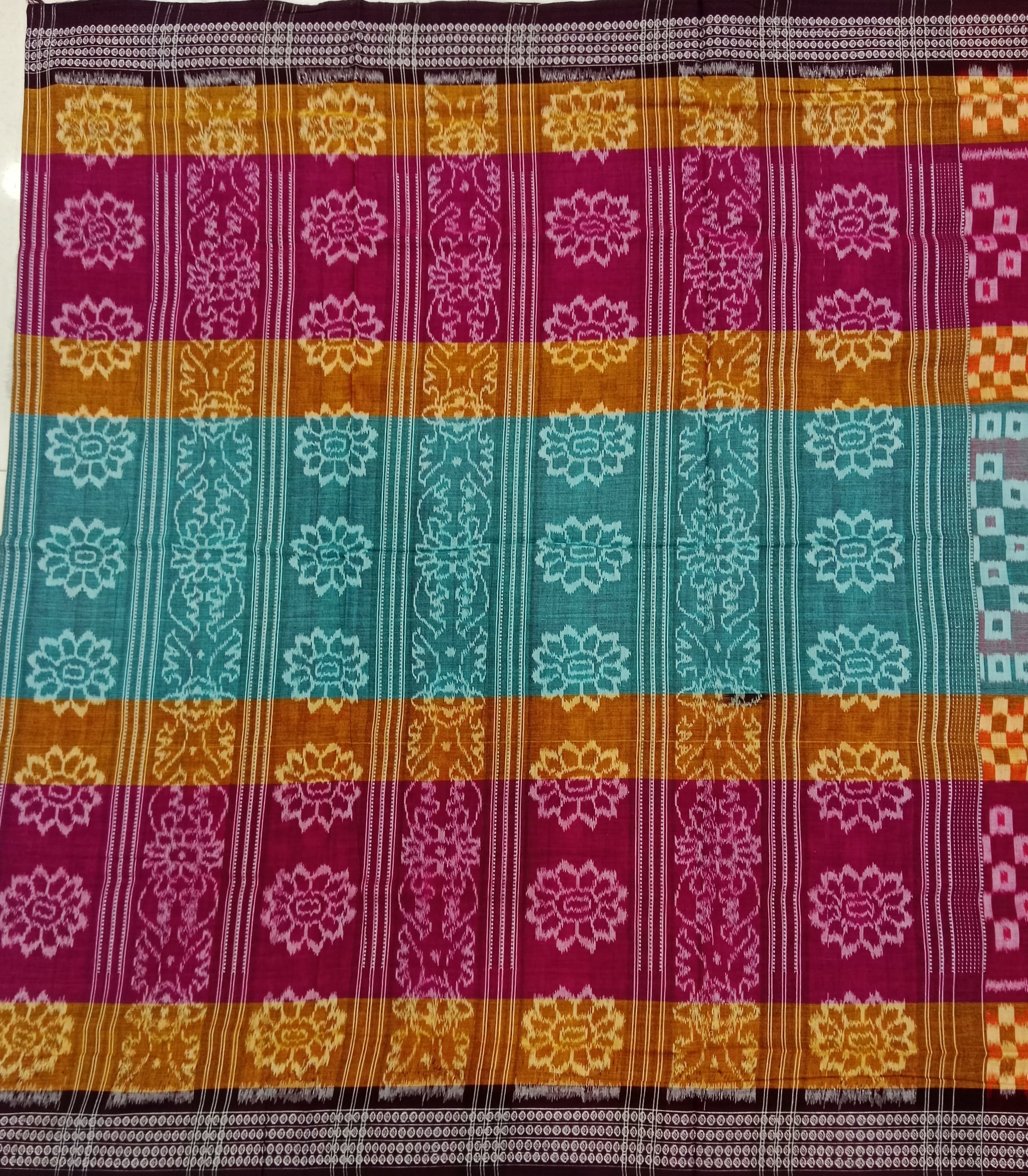 MAGENTA, MUSTARD YELLOW AND TURQUOISE BANDHANI PRINT SAMBALPURI HANDLOOM COTTON SAREE