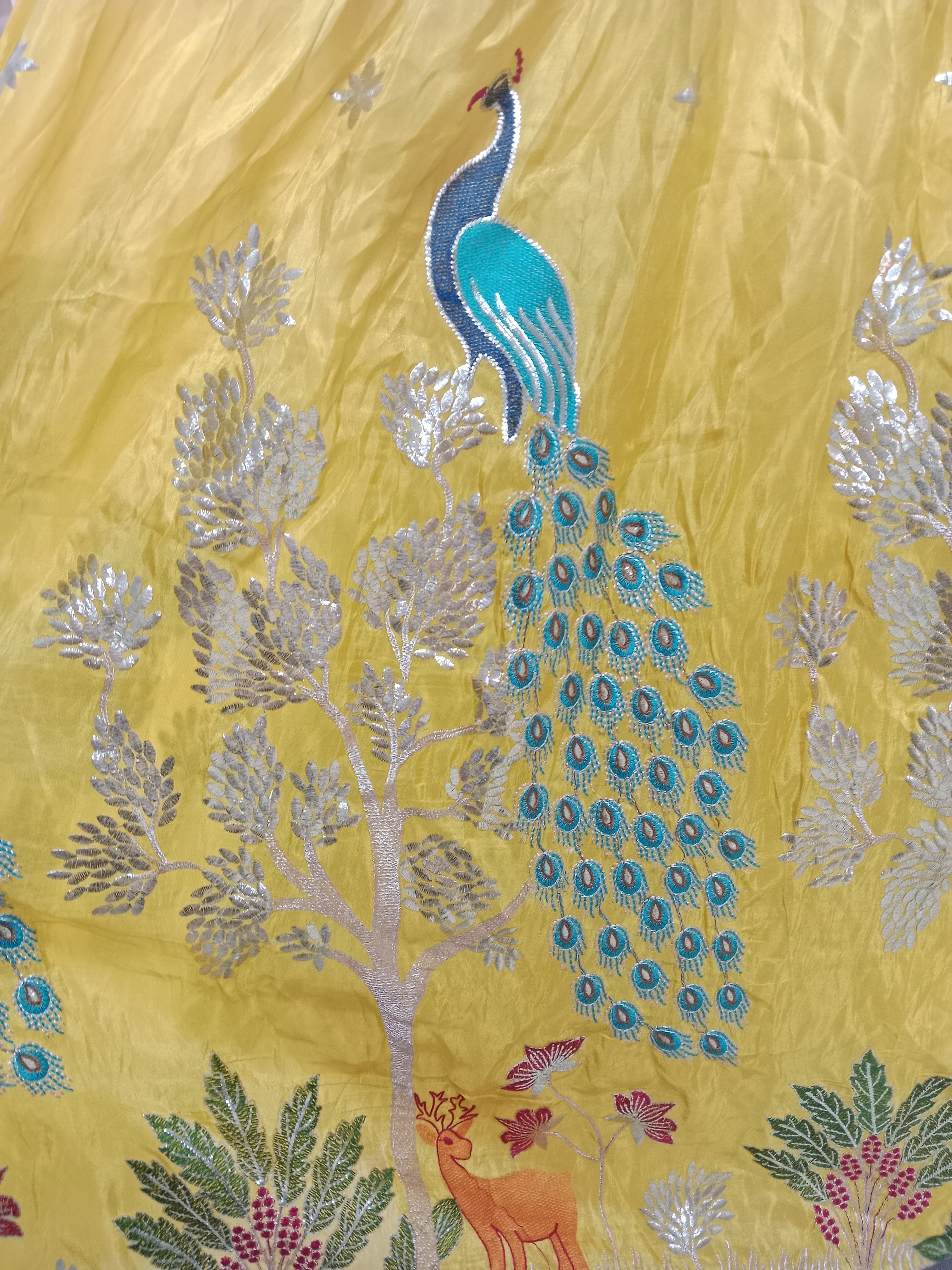 SUNSHINE YELLOW LEHENGA WITH PEACOCK+ FLORAL EMBROIDERY