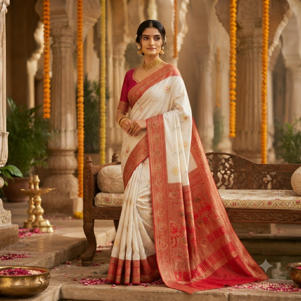 IVORY SINDOORI RED BANARASI SILK SAREE