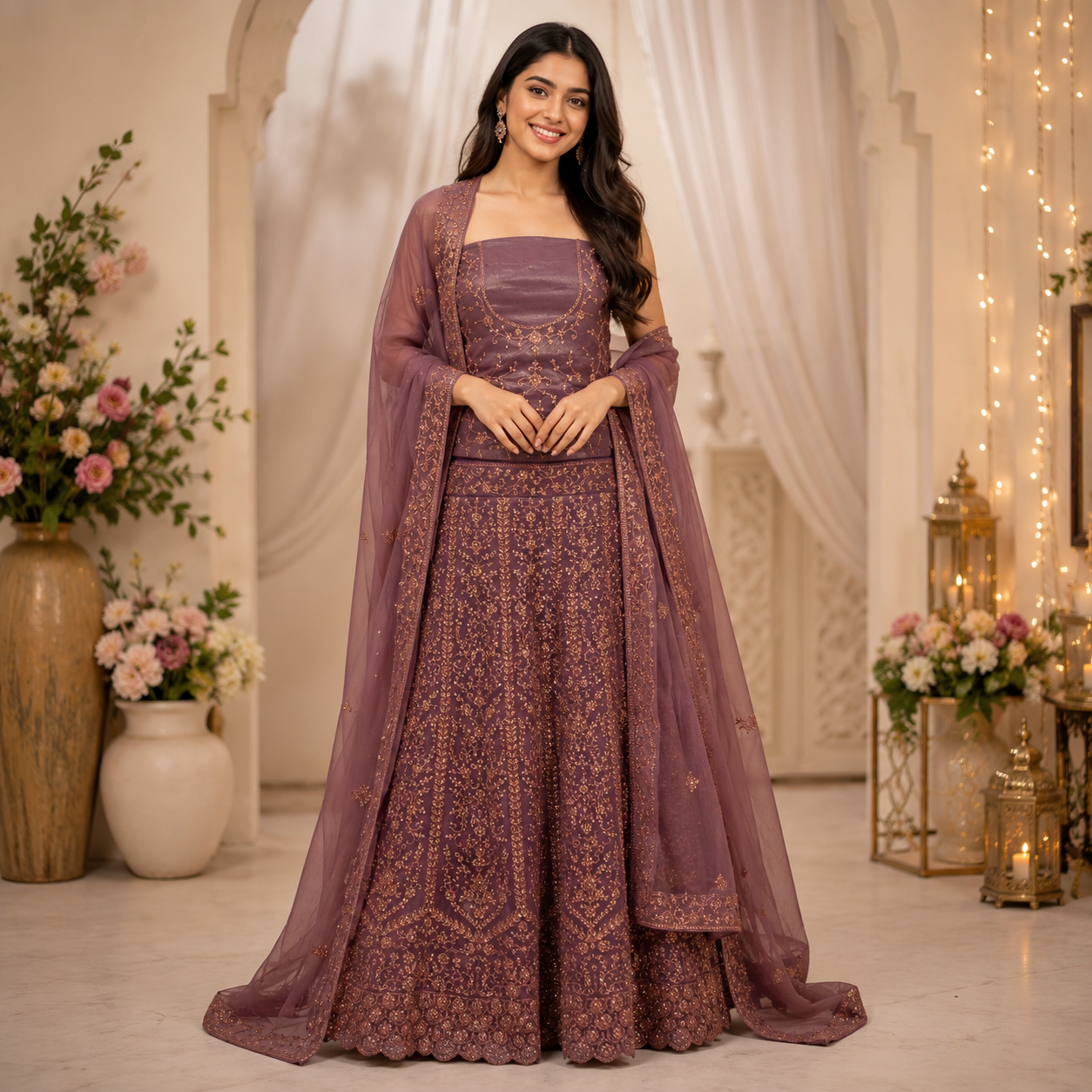 MAUVE LEHENGA WITH ROSE - GOLD EMBROIDERY