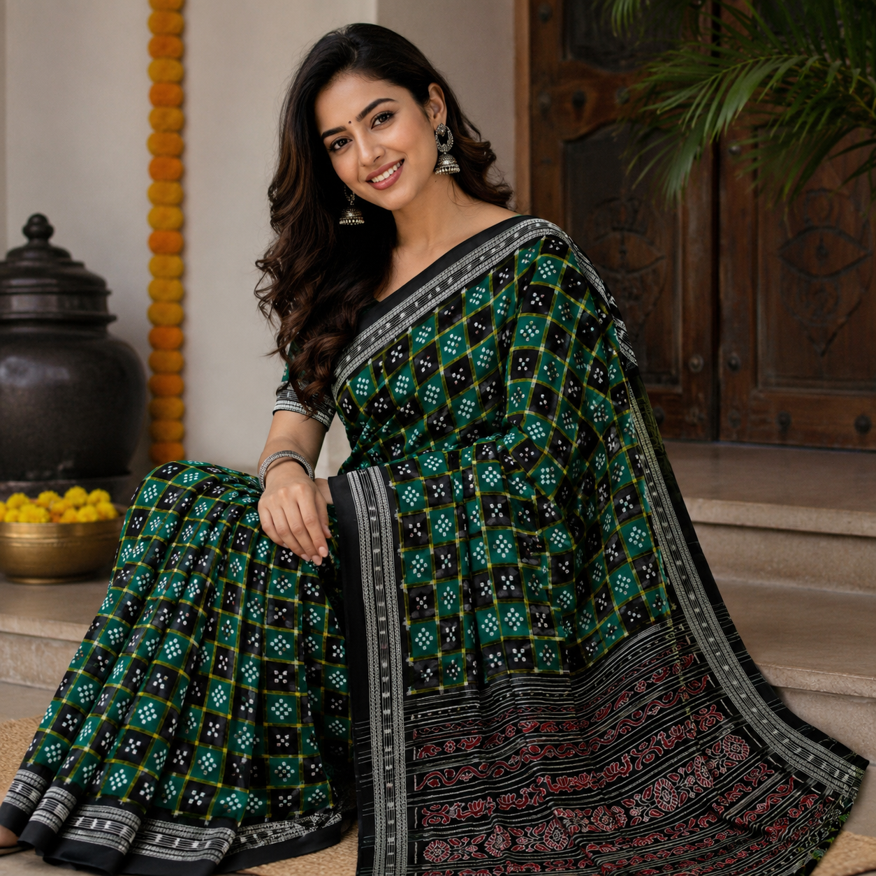 EMERALD GREEN BANDHANI PRINT SAMBALPURI HANDLOOM COTTON SAREE