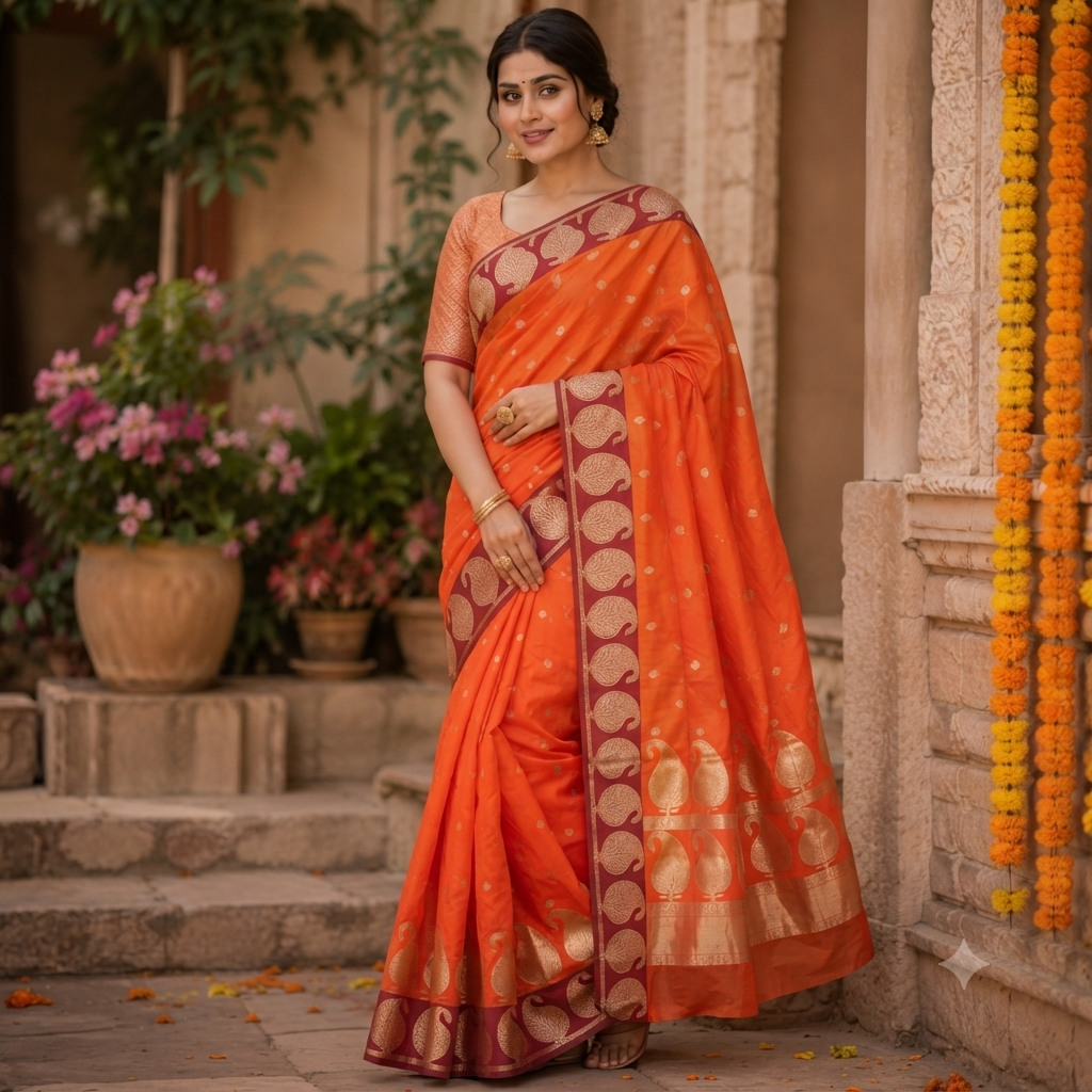 TANGERINE ORANGE BANARASI SILK SAREE WITH MAROON PAISLEY BORDER