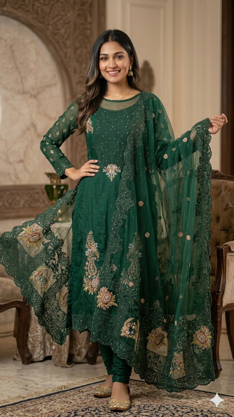 EMERALD GREEN EMBROIDERED DRESS MATERIAL