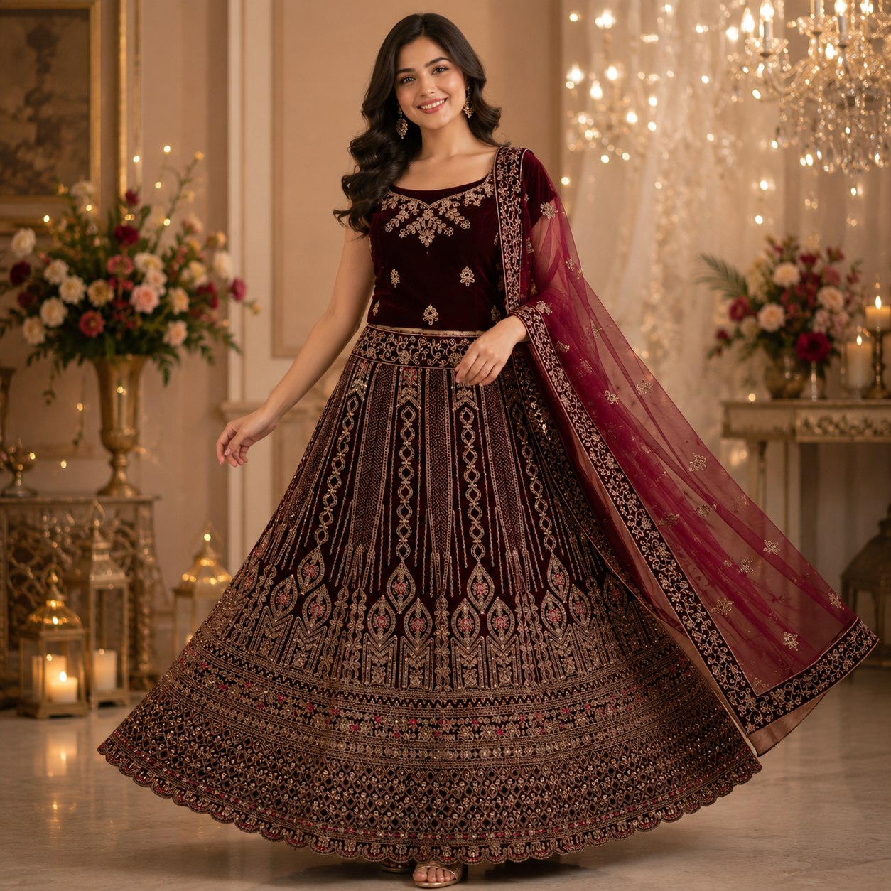 MAROON VELVET KAVYA LEHENGA