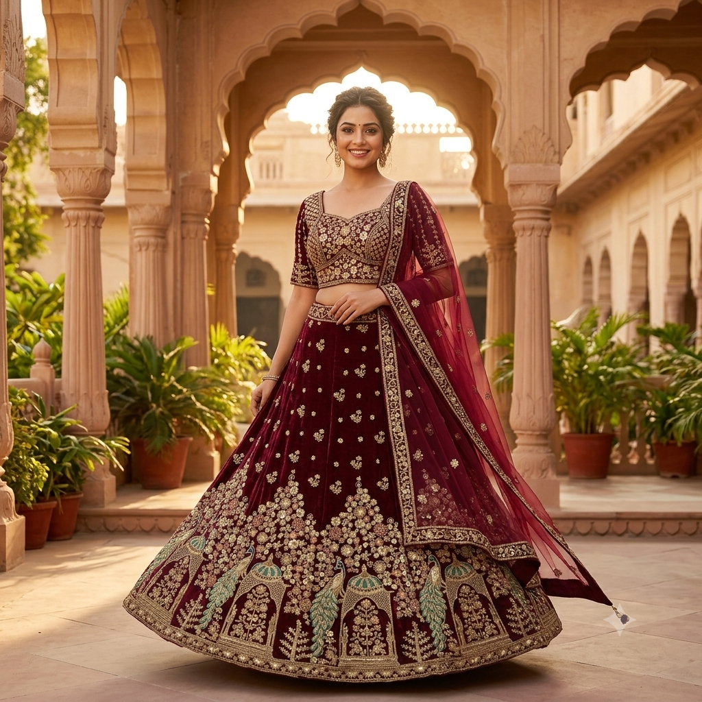 WINE PEACOCK WORK LEHENGA