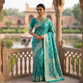 PEACOCK TEAL BANARASI SILK SAREE WITH SILVER ZARI