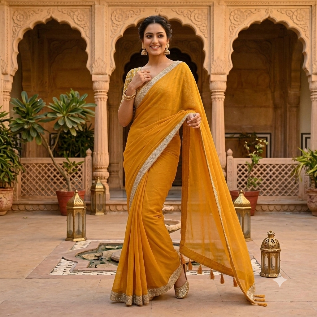 MUSTARD YELLOW SAREE WITH SILVER SEQUIN BORDER