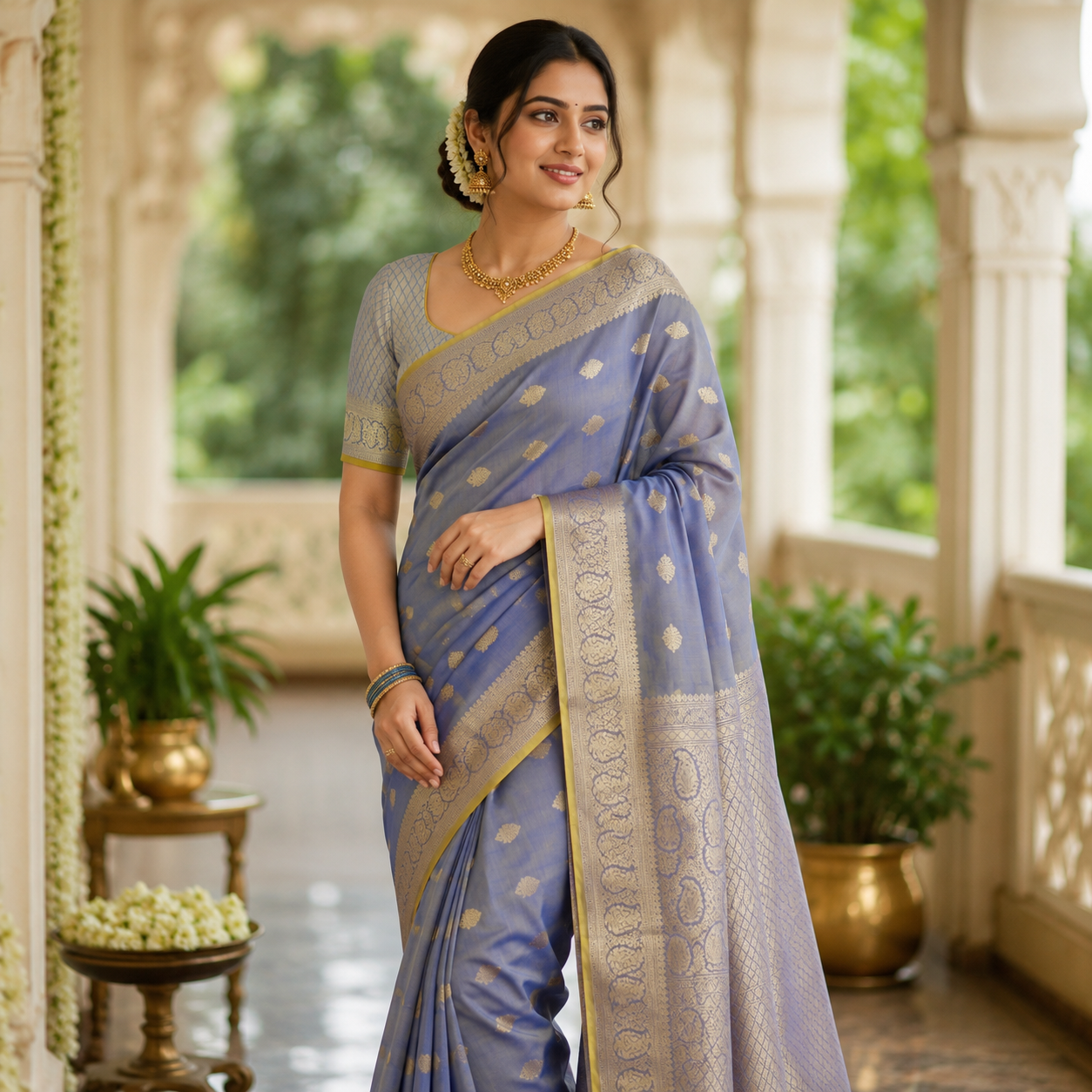 PERIWINKLE BLUE BANARASI SILK SAREE WITH GOLD ZARI BORDER