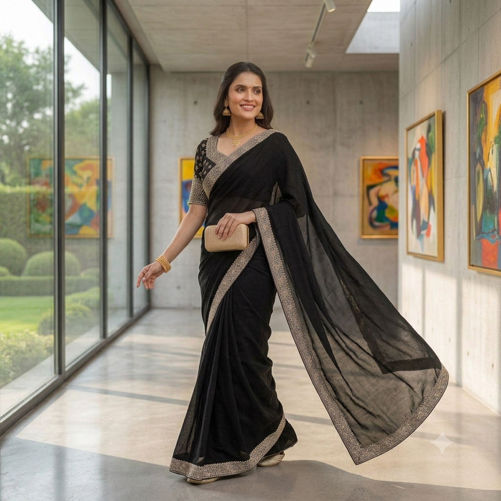 BLACK SAREE WITH HEAVY SILVER ZARI BORDER+EMBROIDERED BLOUSE